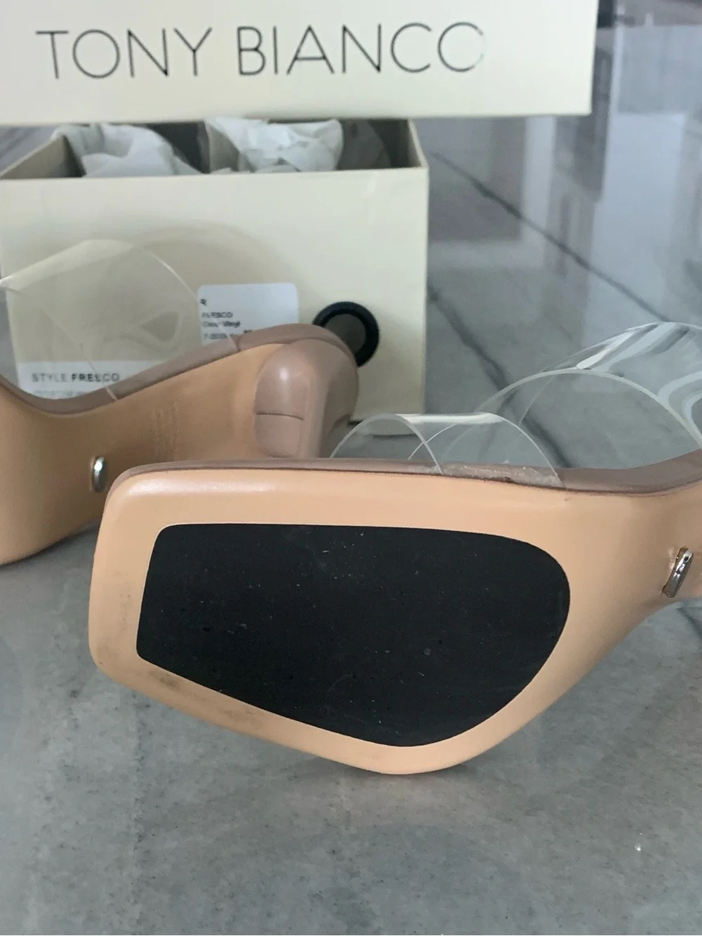 Tony Bianco Fresco Clear Vinyl & Tan Nappa Block Heel